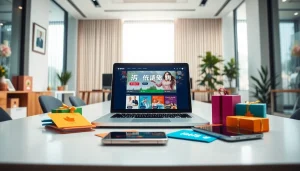 다채로운 선물 카드와 기술이 어우러진 상품권카드를 보여주는 몰입형 작업 공간