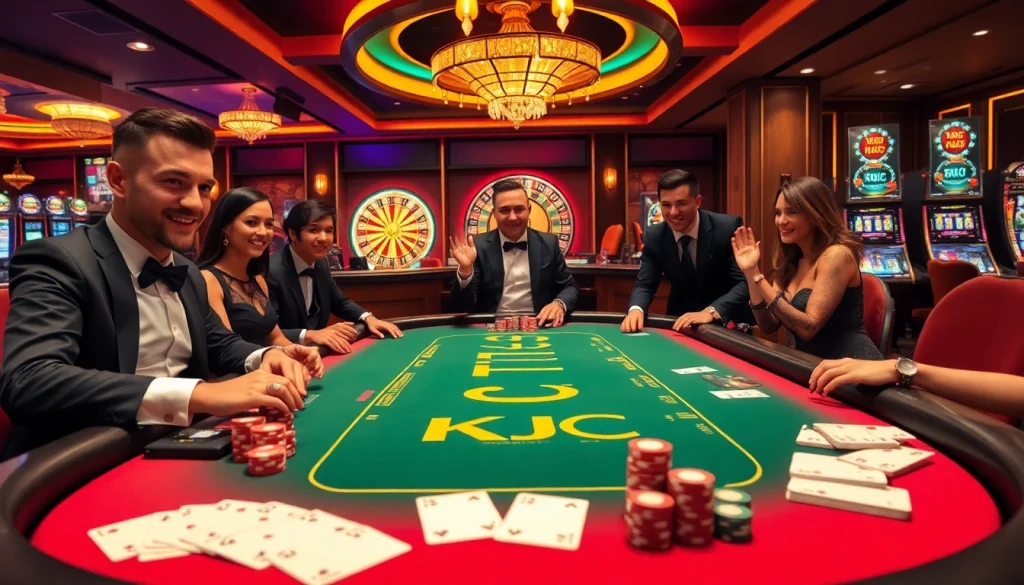 Excited players at a luxurious KJC casino poker table showcasing high-stakes action and stylish branding.