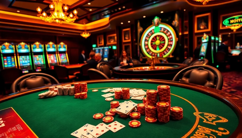 Engaging scene depicting nhà cái uy tín with excited gamblers at a poker table in a luxurious casino setup.