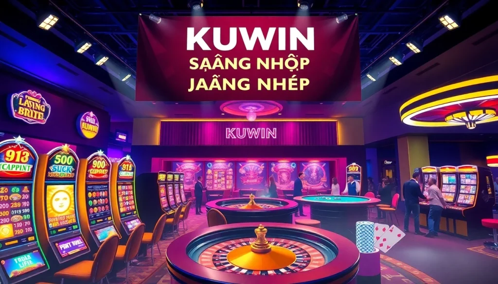 Kuwin đăng nhập to a vibrant casino scene featuring slot machines and a roulette table.