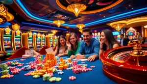 A lively casino scene engaging players in agen toto slot games with vibrant lights and thrilling atmosphere.