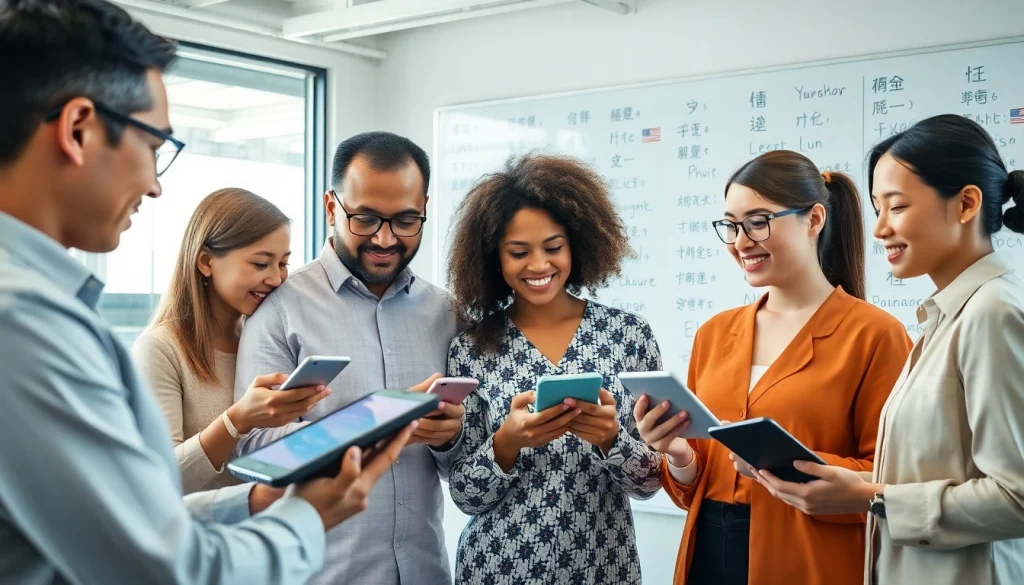 Engaging scene of diverse individuals using youdao翻译 app for effective multilingual communication in a modern office setting.