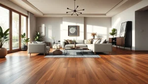 Salon élégant avec un carrelage imitation parquet et une décoration moderne