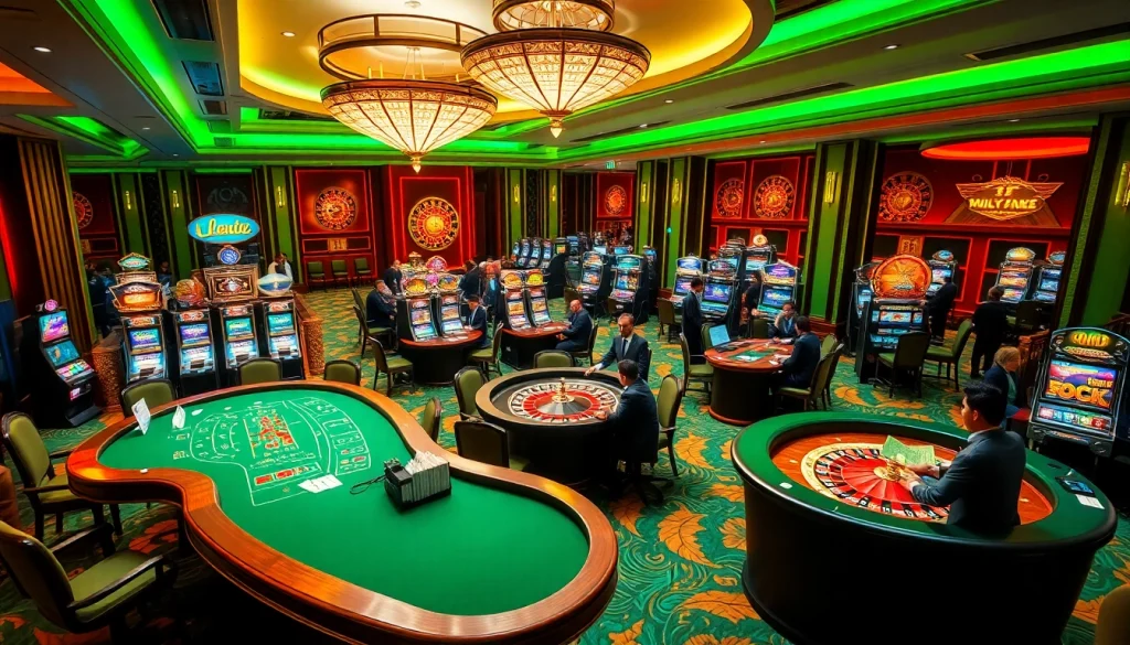 Experience the thrill of winning at https://www.6l777.vip/ in this luxurious casino setting with poker tables and vibrant slot machines.