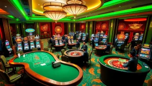 Experience the thrill of winning at https://www.6l777.vip/ in this luxurious casino setting with poker tables and vibrant slot machines.
