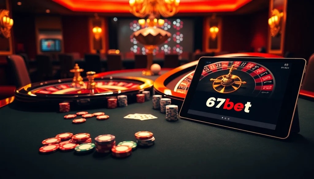 Experience the thrill of casino gaming with 67bet branding on a stylish poker table.