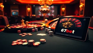 Experience the thrill of casino gaming with 67bet branding on a stylish poker table.