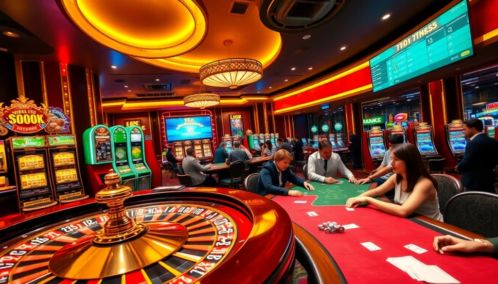 Gambling excitement at 99OK casino, featuring vibrant slot machines and poker tables.