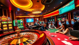 Gambling excitement at 99OK casino, featuring vibrant slot machines and poker tables.