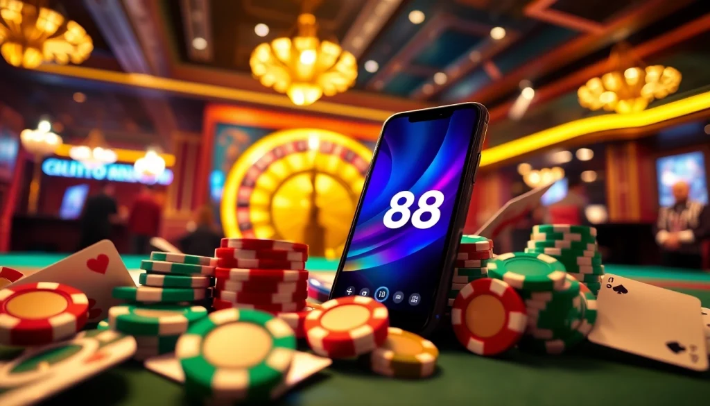 Hòa mình vào trải nghiệm ứng dụng Tik88 đầy hấp dẫn giữa các yếu tố casino như chip poker và bài lá.