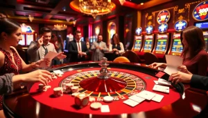 Engaged players enjoy a thrilling casino night at https://www.6rwin55.com/ with roulette, poker chips, and colorful slot machines.