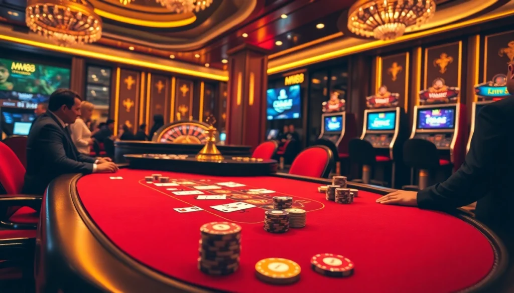 Experience thrilling gameplay at MM88 with casino tables, betting slips, and dazzling slot machines.