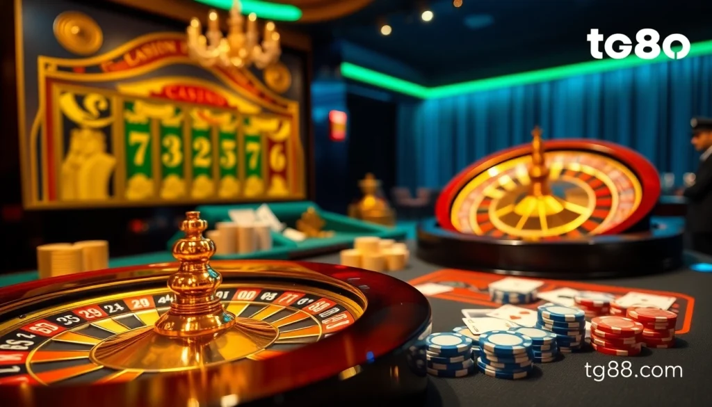 Experience the thrill of gaming at tg88.com with lively poker chips and a spinning roulette wheel.