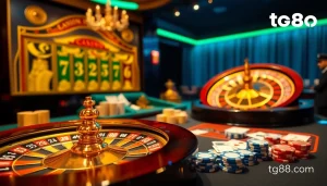 Experience the thrill of gaming at tg88.com with lively poker chips and a spinning roulette wheel.