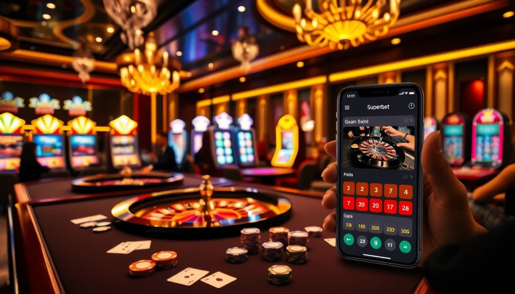 Engaged gamblers enjoying the Superbet App amidst vibrant casino games and atmosphere.