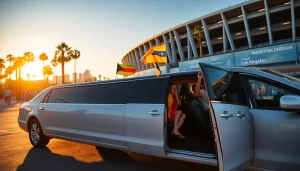 World Cup Group Transportation in a luxurious limousine with excited fans and the LA skyline as backdrop.