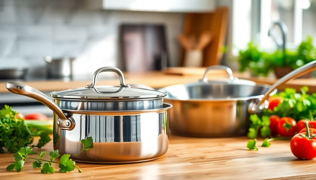 Showcase of stainless steel cookware NZ, featuring a polished saucepan and frying pan in a modern kitchen.