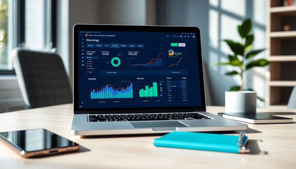 Online email verification dashboard on a laptop in a modern workspace, showcasing data accuracy.