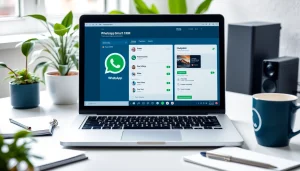 Engaging view of a WhatsApp Smart CRM interface on a laptop in a vibrant workspace.