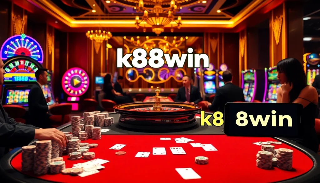 A group of enthusiastic gamblers enjoying poker at the k88win casino table, filled with chips and excitement.