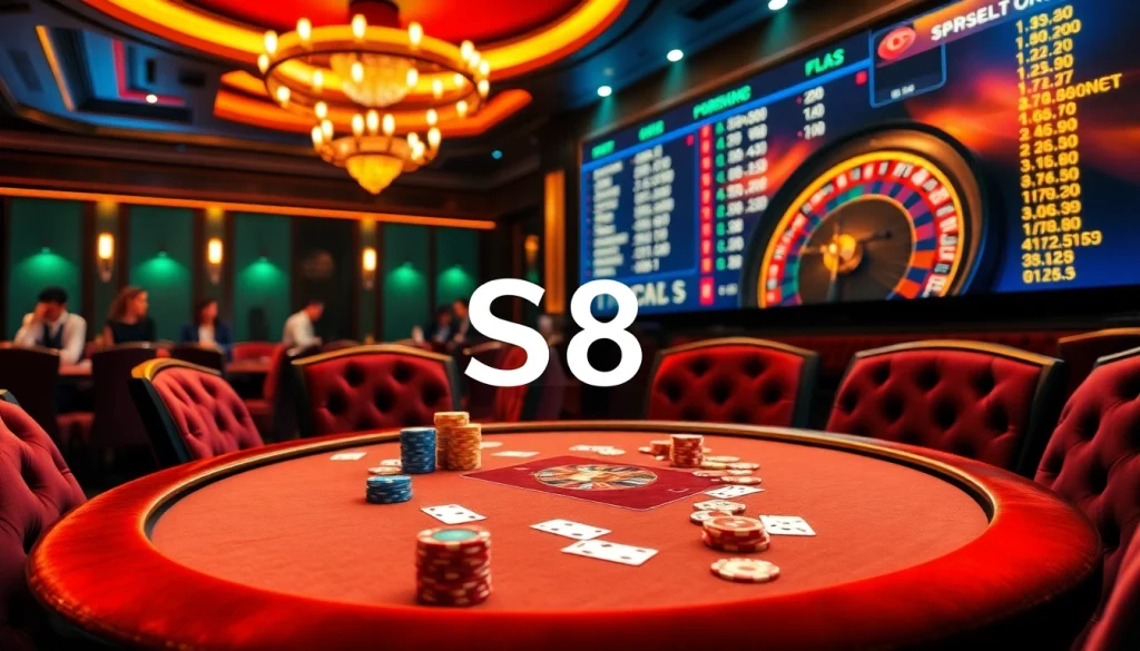 Engage in thrilling casino action with S8 at a luxurious poker table, showcasing vibrant chips and cards.