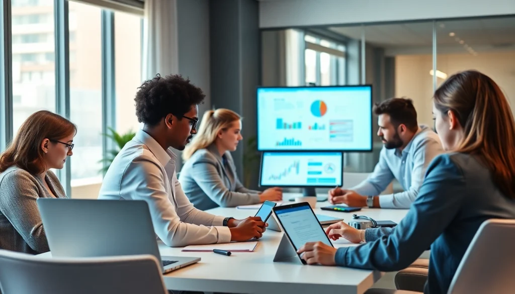 Modern office scene showcasing WPS office下载 on diverse devices, highlighting professional collaboration.