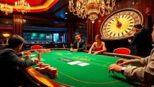 Experience luxury gaming with lc888 at an upscale casino featuring poker, roulette, and vibrant players.