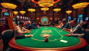 Exciting poker gameplay at a luck8 casino table with vibrant chips and elegant ambiance.