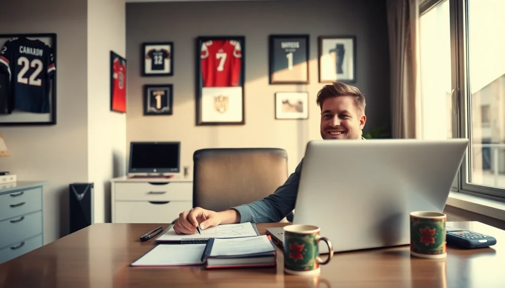 Engaged sports betting enthusiast researching Canada sports betting strategies in a dynamic home office.