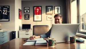 Engaged sports betting enthusiast researching Canada sports betting strategies in a dynamic home office.