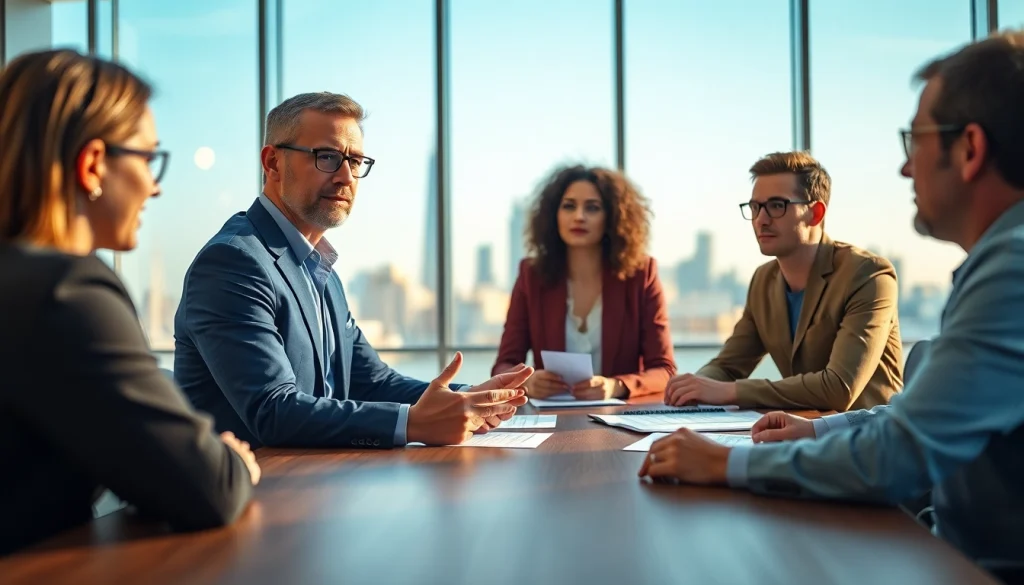 Crisis management consultant guiding a team in a modern office to develop effective strategies.