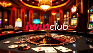 A lively casino scene showcasing the iwinclub experience with vibrant roulette and poker elements.