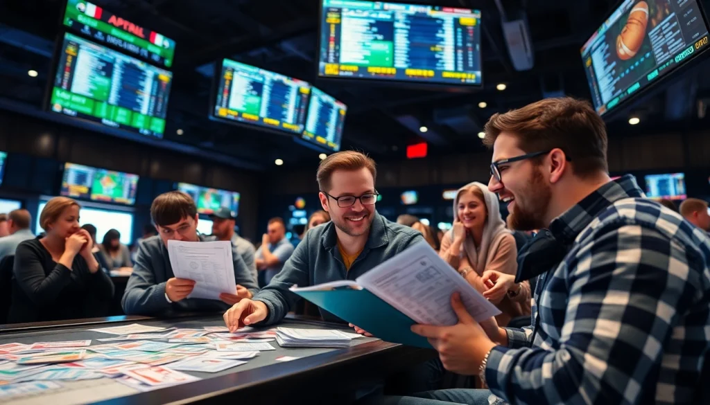 Engaged bettors participating in New Brunswick sports betting, capturing excitement in a vibrant sportsbook.