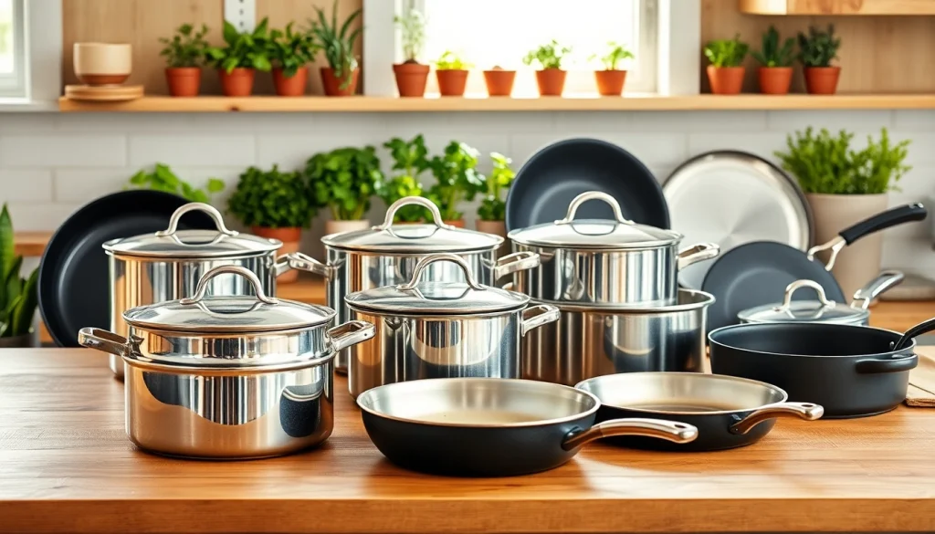 Showcasing diverse cookware with a rustic backdrop, highlighting quality materials.