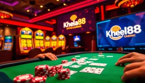 Khela88 players engaged in an exciting high-stakes poker game with colorful chips and vibrant casino atmosphere.