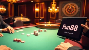Players excitedly engaging in poker while accessing Fun88 link on a tablet in a luxurious casino.