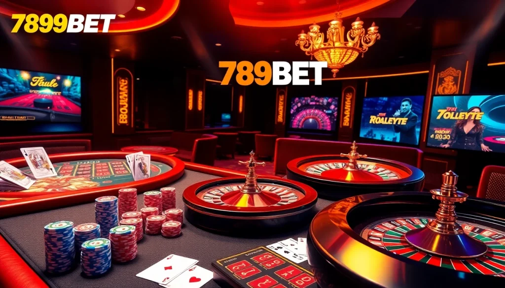 Engage with the excitement of online gambling at nhà cái 789BET through vibrant casino visuals featuring roulette and poker.
