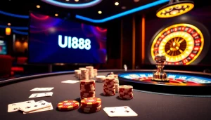 Exciting scene with UU88 poker chips and casino tables highlighting online gambling action.