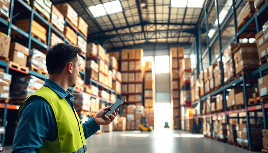 Warehouse worker scanning inventory amidst neatly stacked goods