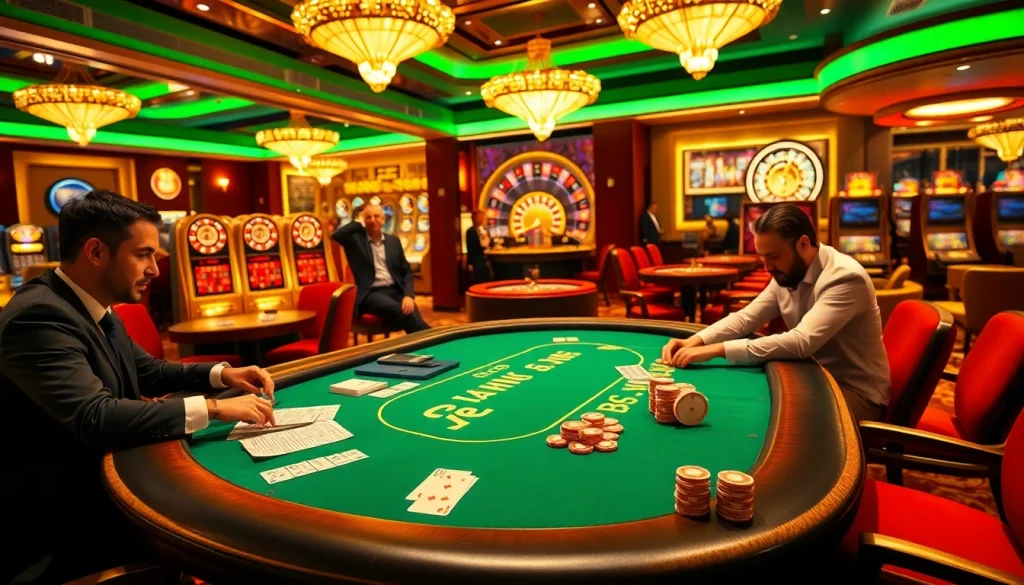 Gambling excitement at a high-stakes poker table showcasing https://5gbett.com.br with vibrant casino elements and intense players.