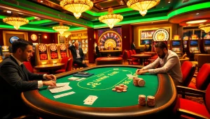 Gambling excitement at a high-stakes poker table showcasing https://5gbett.com.br with vibrant casino elements and intense players.