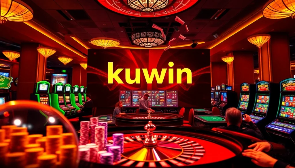 Kuwin online casino interface showcasing vibrant tables, roulette wheel, and poker action for thrilling gambling experience.