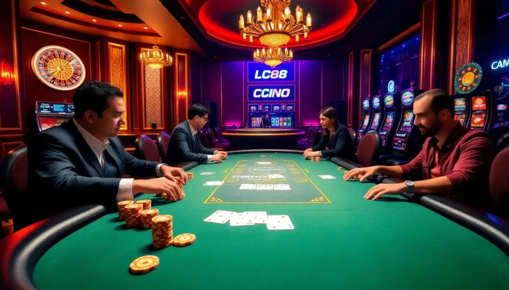 Players enjoying a high-stakes poker game at LC88 casino, showcasing colorful poker chips and elegant cards.