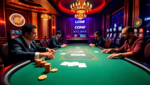 Players enjoying a high-stakes poker game at LC88 casino, showcasing colorful poker chips and elegant cards.
