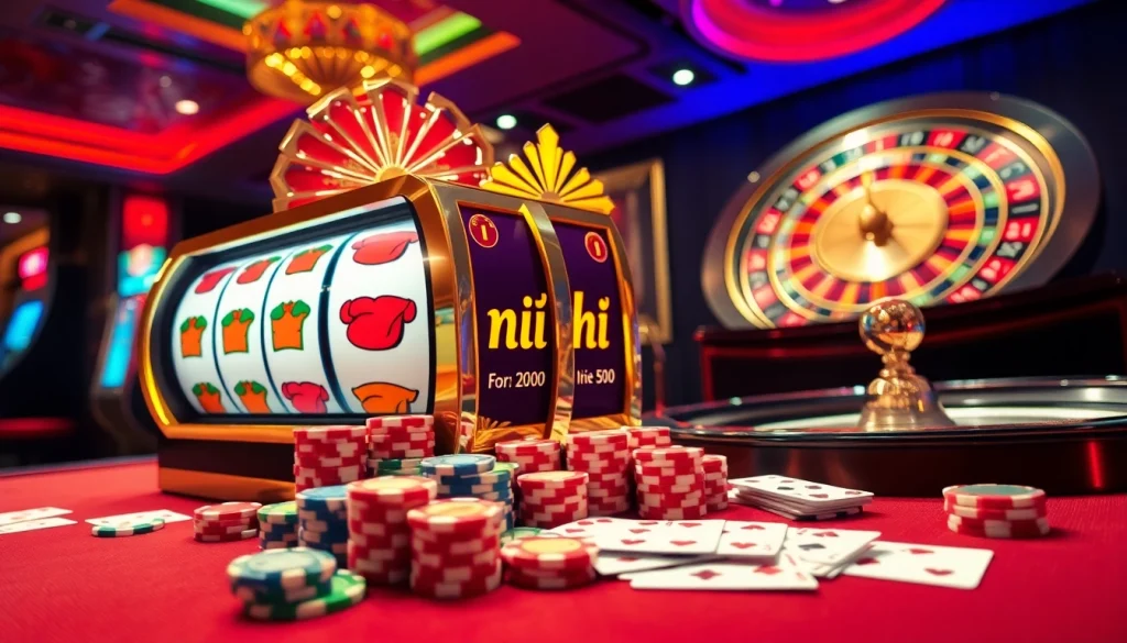 Thrilling nổ hủ slot machine in a vibrant casino setting with colorful poker chips.