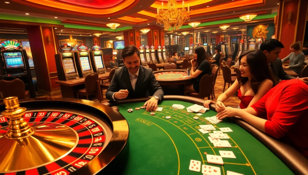 Experience high-stakes gambling with RR88.PIZZA's vibrant casino atmosphere showcasing roulette and poker.