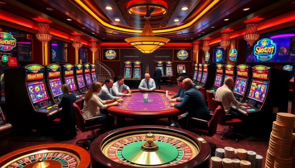 Exciting Slot777 gameplay at a vibrant casino setting with enthusiastic players.