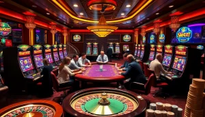 Exciting Slot777 gameplay at a vibrant casino setting with enthusiastic players.
