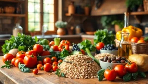 Delicious Mediterranean diet spread showcasing vibrant vegetables and healthy foods.