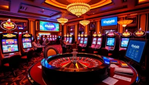 Khela88 players enjoying an exciting casino atmosphere with roulette and slot machines.
